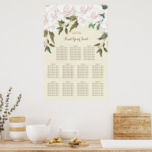 アイボリーピンク赤面結婚フローラ座席表 ポスター (キッチン)