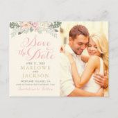 アイボリーピンク金ゴールドフローラBoho写真Save the Date 案内ポストカード (正面)
