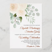 アイボリーピーチウォーターカラーバラエレガントな結婚式 箔招待状 (正面)