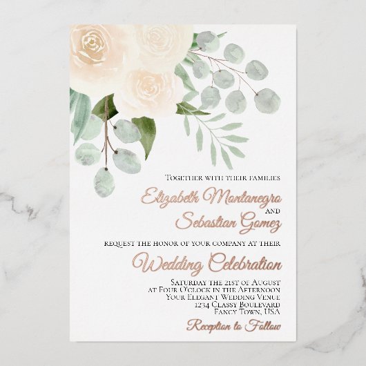 アイボリーピーチウォーターカラーバラエレガントな結婚式 箔招待状 (正面)