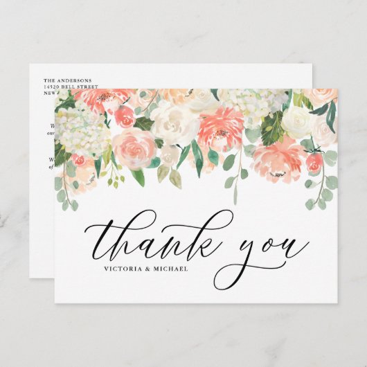 アイボリーピーチ牡丹とアジサイ結婚の感謝 ポストカード (正面/裏面)