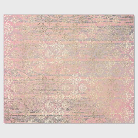 アイボリーフォキシアーメタリックダマスク金ゴールドウッドピ素朴ンク ラッピングペーパー (フラット)