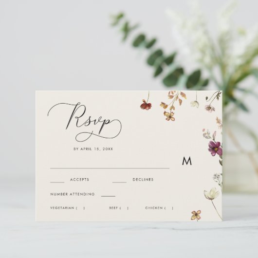 アイボリーフォール ワイルドフラワーズ カリグラフィー オータム ウェディング 出欠カード (スタンド正面)