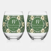 アイボリーフローラとエメラルド結婚の記念日 ステムなしワイングラス (正面)