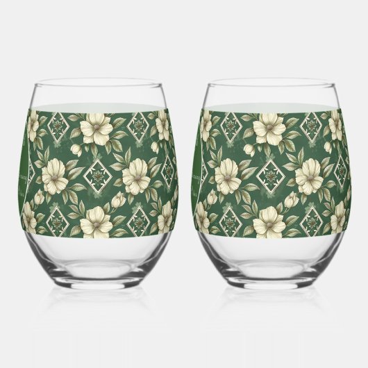 アイボリーフローラとエメラルド結婚の記念日 ステムなしワイングラス (左)