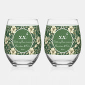 アイボリーフローラとエメラルド結婚の記念日 ステムなしワイングラス (正面)