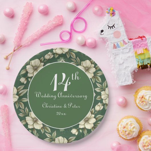 アイボリーフローラとエメラルド結婚の記念日 ペーパープレート (パーティー)