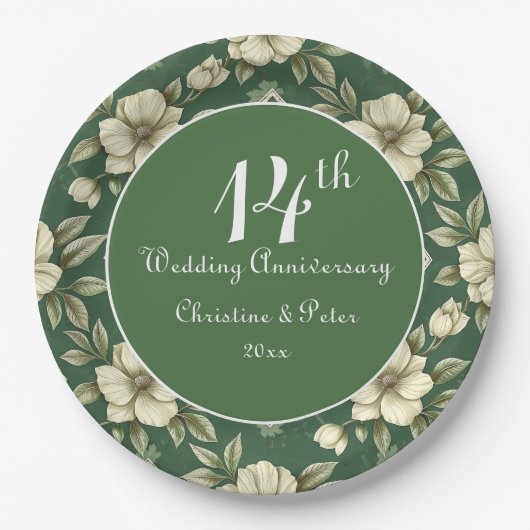 アイボリーフローラとエメラルド結婚の記念日 ペーパープレート (正面)