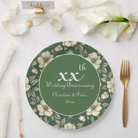 アイボリーフローラとエメラルド結婚の記念日 ペーパープレート (ウェディング)