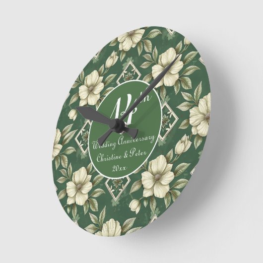 アイボリーフローラとエメラルド結婚の記念日 ラウンド壁時計 (傾斜)