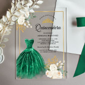 アイボリーフローラエメラルドグリーンガウン金ゴールドキンセアニェラ アクリル招待状