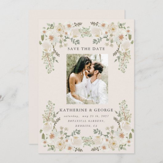 アイボリーフローラエレガントガーデン日付の保存 セーブザデート (正面/裏面)