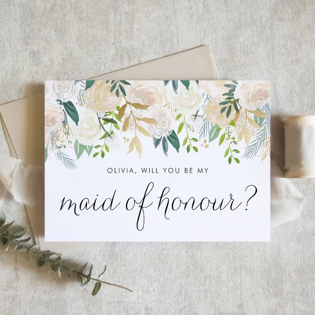 アイボリーフローラガーランドウィーズイヴメイド・オブ・オーナー（花嫁付き添い人） (Floral maid of honour proposal card with ivory flowers, greenery, and faux gold foil accent.)