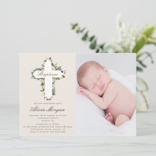 アイボリーフローラクロスバプテスマ写真の招待 招待状 (スタンド正面)