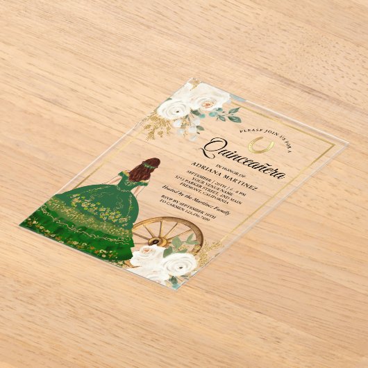 アイボリーフローラグリーンドレスチャロ金ゴールドキンセアニェラ アクリル招待状 (レイダウン)