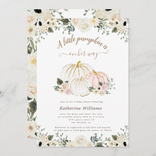 アイボリーフローラゴールデンカボチャ赤ちゃんシャワー招待 (正面/裏面)