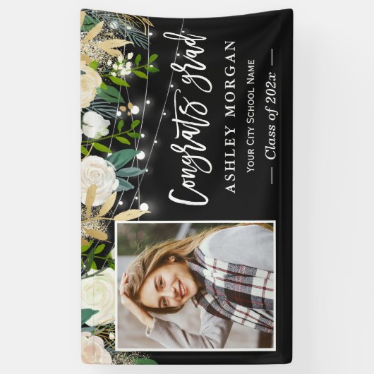 アイボリーフローラストリングライト写真卒業 横断幕 (縦)