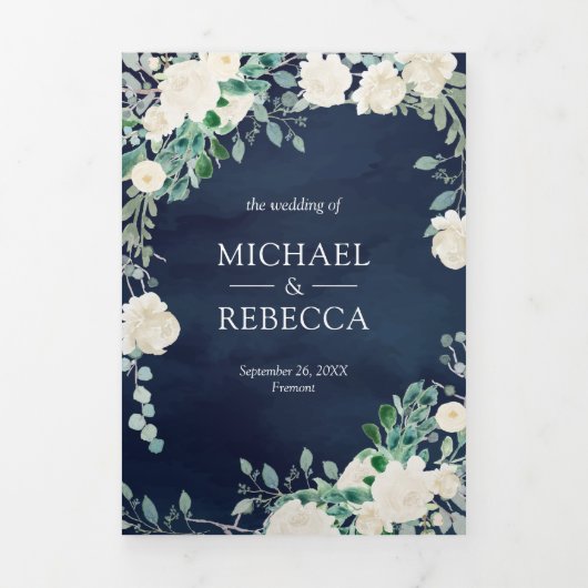 アイボリーフローラセージ緑ネイビーブルーQRコード結婚ズ 三つ折り招待状 (カバー)