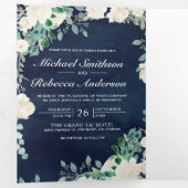 アイボリーフローラセージ緑ネイビーブルーQRコード結婚ズ 三つ折り招待状 (内部最初)