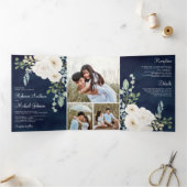 アイボリーフローラセージ葉グリーン結婚ズPhoto Navy 三つ折り招待状 (内部)