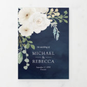 アイボリーフローラセージ葉グリーン結婚ズPhoto Navy 三つ折り招待状 (カバー)