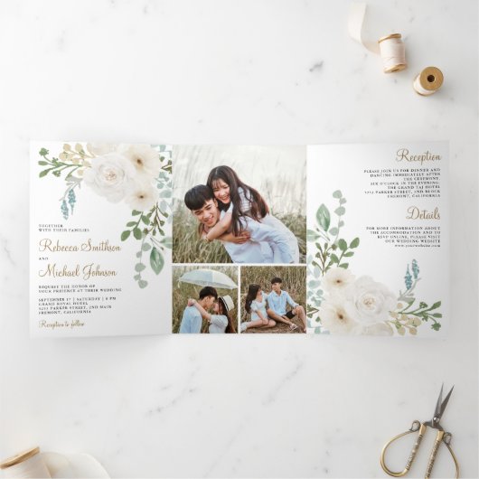 アイボリーフローラセージ離れグリーズ写真結婚の 三つ折り招待状 (内部)