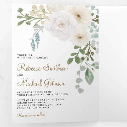 アイボリーフローラセージ離れグリーズ写真結婚の 三つ折り招待状 (内部最初)