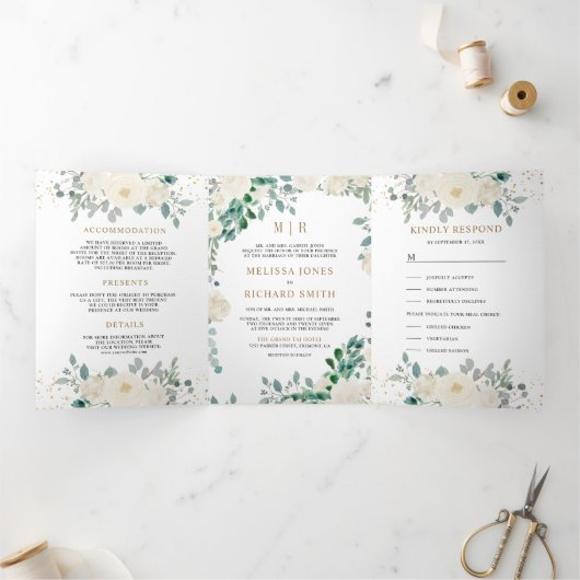 アイボリーフローラセージ離れグリーン結婚 三つ折り招待状 (内部)