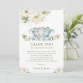 アイボリーフローラツインズボーイガールエレファントベビーシャワー サンキューカード (スタンド正面)