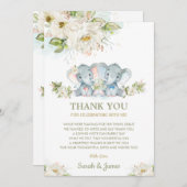 アイボリーフローラツインズボーイガールエレファントベビーシャワー サンキューカード (正面/裏面)