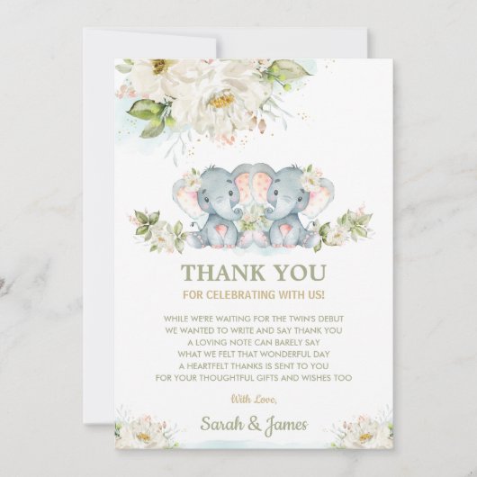 アイボリーフローラツイン女の子ゾウ赤ちゃんシャワー写真 サンキューカード (正面)