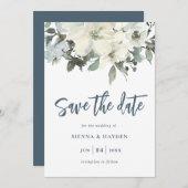 アイボリーフローラネイビーブルー日付カードを保存 セーブザデート (正面/裏面)