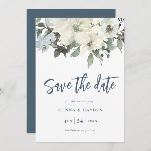 アイボリーフローラネイビーブルー日付カードを保存 セーブザデート (正面/裏面)