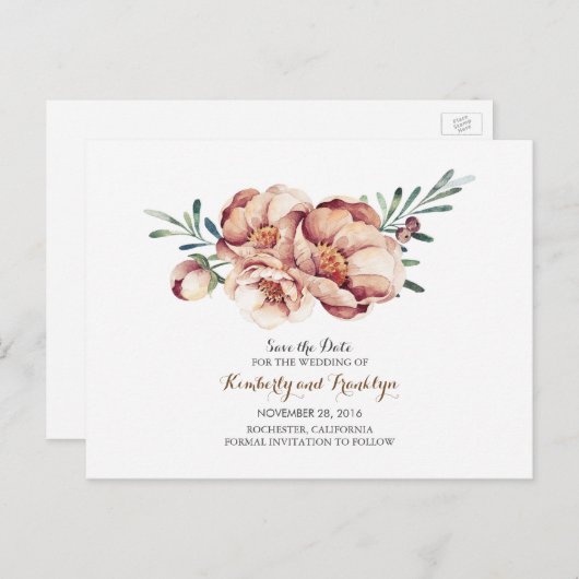 アイボリーフローラブーケ水の色の秋日付を保存 案内ポストカード (正面/裏面)