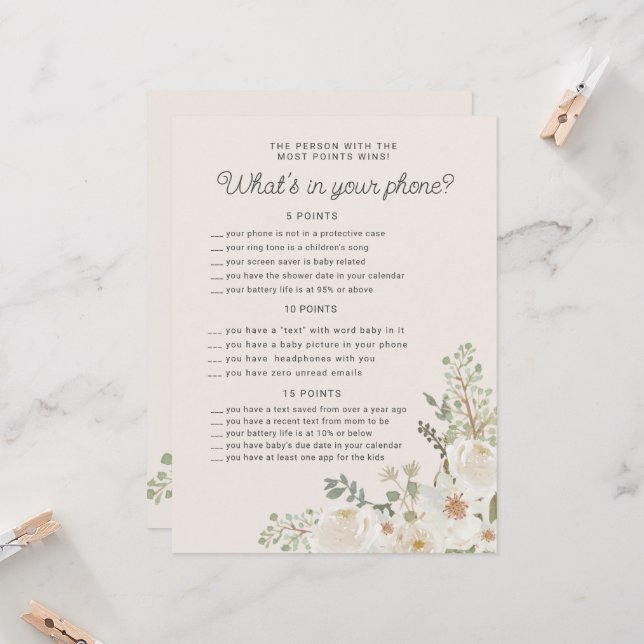 アイボリーフローラベビーシャワー電話ゲームカード (正面/裏面インサイチュ)