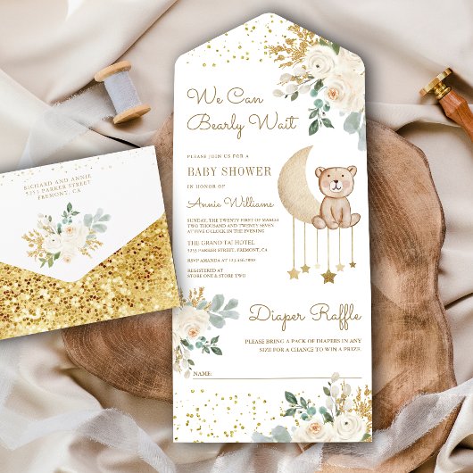 アイボリーフローラムーンかわいいテディベア赤ちゃんシャワー オールインワン招待状