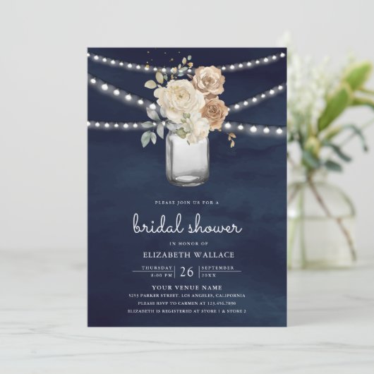 アイボリーフローラメイスンジャール写真海軍ブライダルシャワー 招待状 (スタンド正面)
