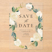 アイボリーフローラリースフェイクフォイル日付の保存 アクリル招待状 (正面)