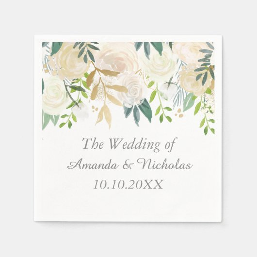 アイボリーフローラ結婚バラパーソナライズされた スタンダードカクテルナプキン (正面)