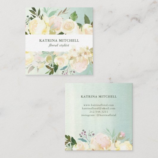 アイボリーフローラ|淡い緑の水彩 スクエア名刺 (正面/裏面)