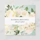 アイボリーフローラ|淡い緑の水彩 スクエア名刺 (正面)