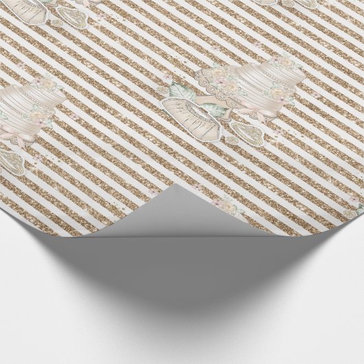 アイボリーブライダルシャワー結婚ズケーキグリッターストライプ ラッピングペーパー (角)