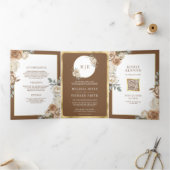 アイボリーブラウンベージュフローラ金ゴールドすべて結婚の 三つ折り招待状 (内部)