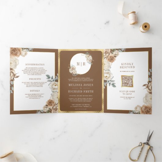 アイボリーブラウンベージュフローラ金ゴールドすべて結婚の 三つ折り招待状 (内部)