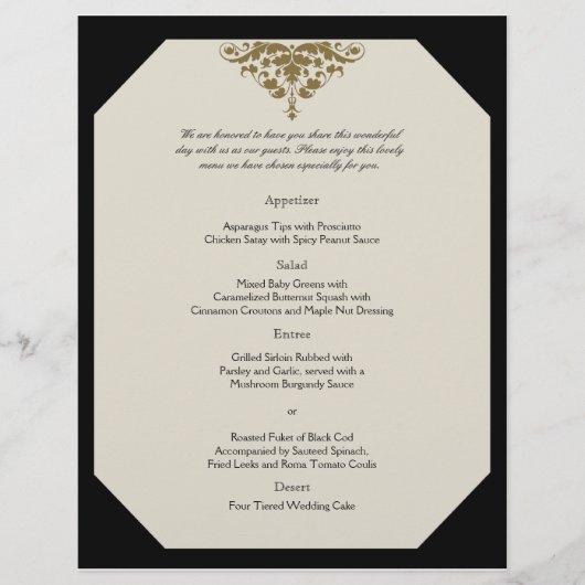 アイボリーブラックと金ゴールドダマスクのウェディングメニュー (正面)