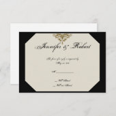 アイボリーブラックと金ゴールドダマスクのウェディングレスポンスカード 出欠カード (正面/裏面)