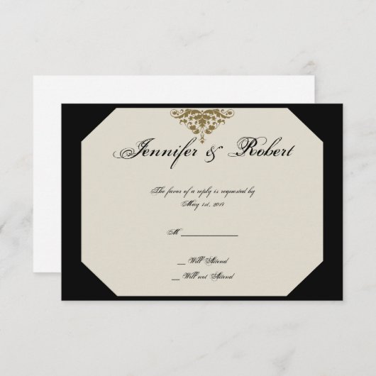アイボリーブラックと金ゴールドダマスクのウェディングレスポンスカード 出欠カード (正面/裏面)