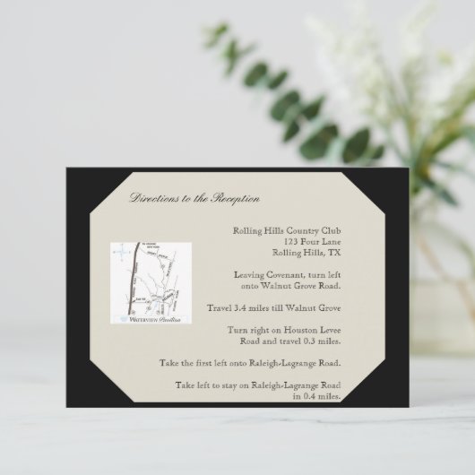 アイボリーブラックと金ゴールドダマスクの結婚式の指示 エンクロージャーカード (スタンド正面)