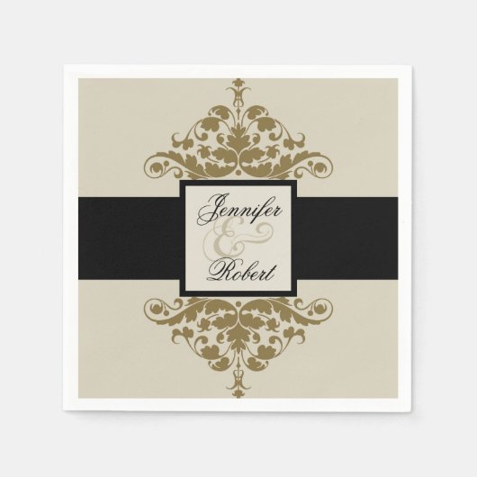 アイボリーブラックと金ゴールドダマスクウェディングナプキン スタンダードカクテルナプキン (正面)