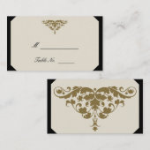 アイボリーブラックと金ゴールドダマスクウェディング座席表 プレイスカード (正面/裏面)